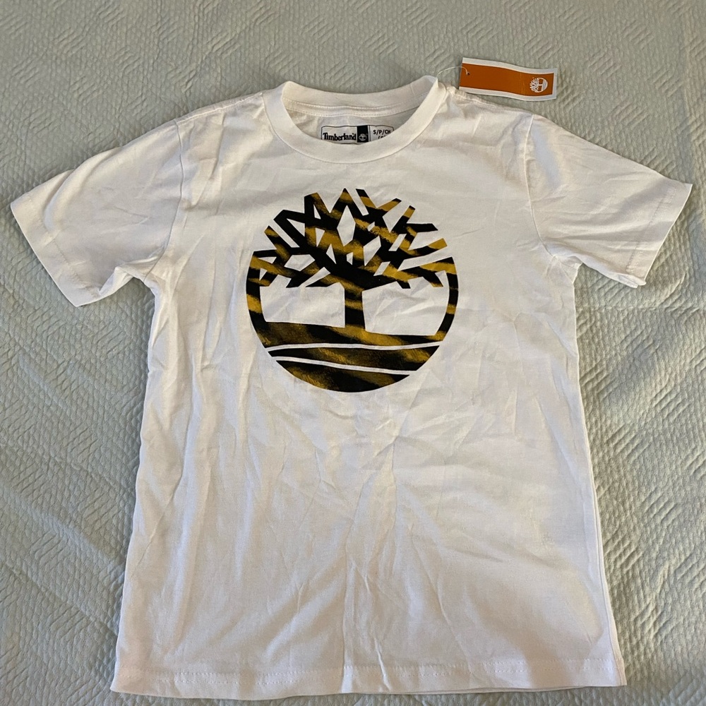 Timberland Kids White Tee with Gold Tree Logo